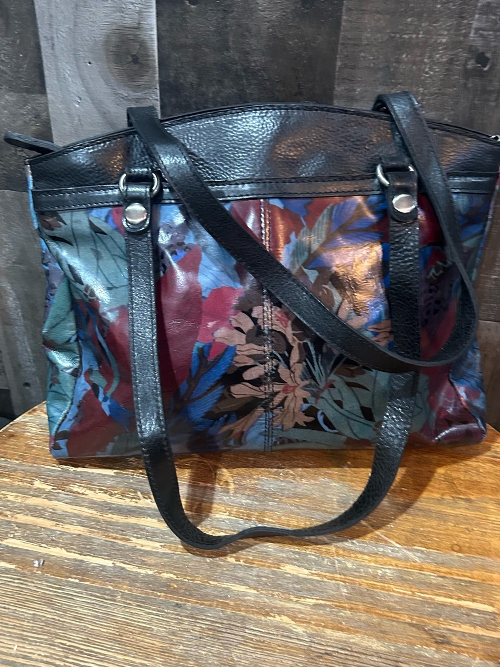 Patricia Nash Floral Leather Shoulder Bag in Burgundy, Blue and Black